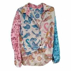 Cino Sundance Flying Peacock Button Up Shirt L Patchwork Long Sleeve Floral Boho
